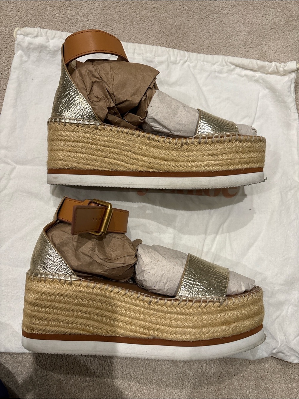 See By Chloe Metallic Gold and Tan Espadrille Wedge Sandals - Picture 2 of 7